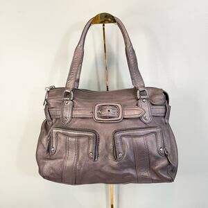 Cole Haan Women's Silver Leather Zip Double Handle Belt Buckle Shoulder Handbag